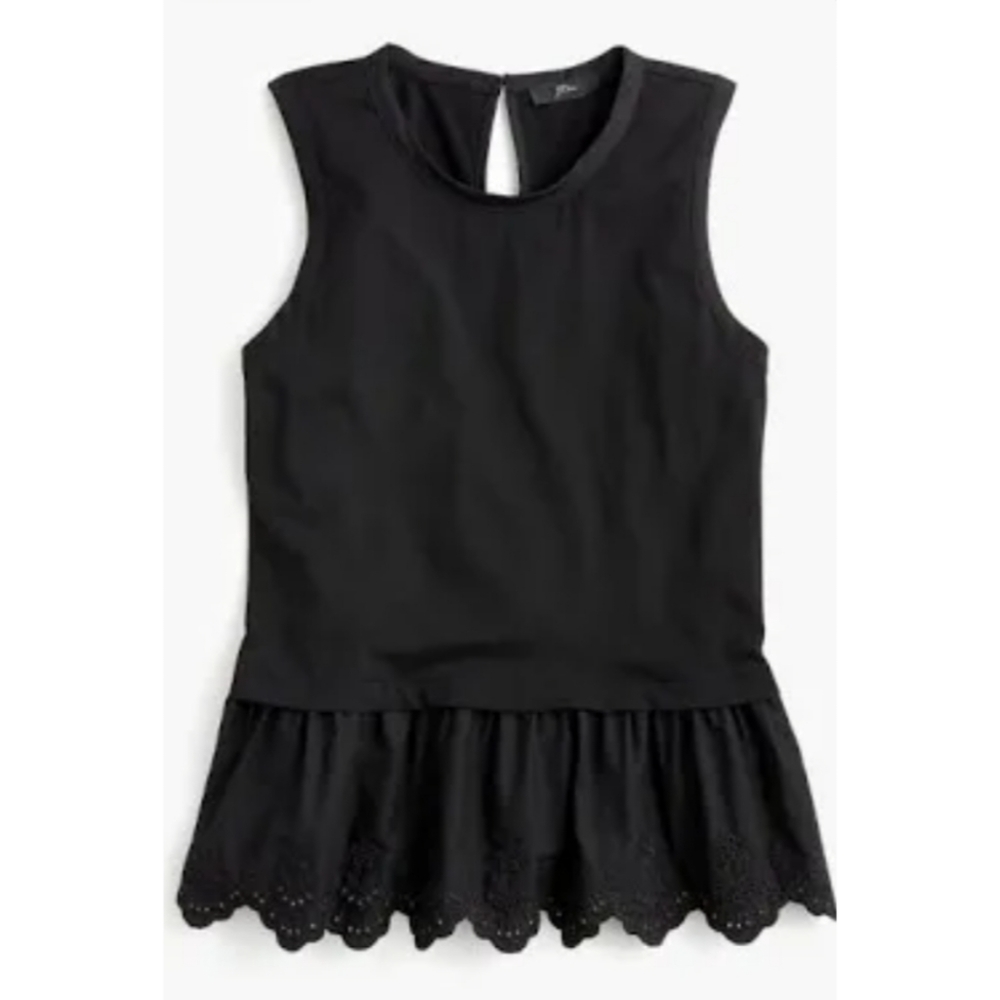 J. Crew | Black Sleeveless Tulip-Back Eyelet Peplum Top - Picture 1 of 8